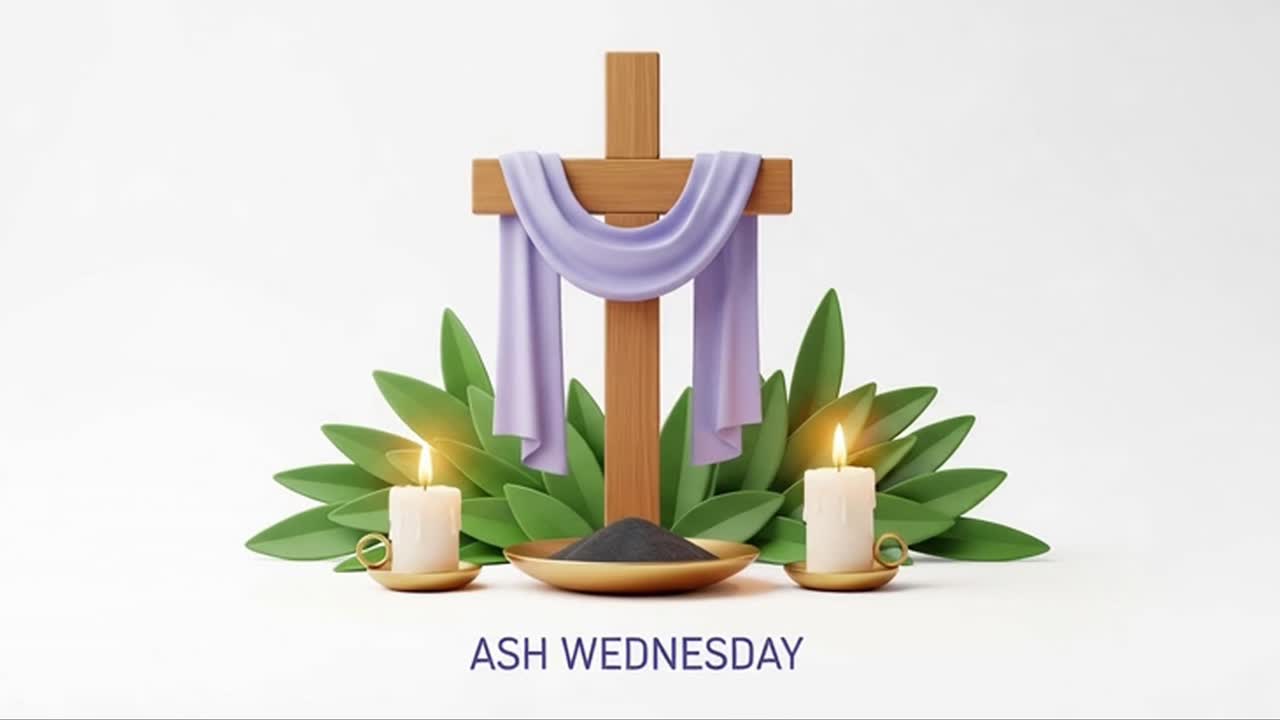 Ash Wednesday religious banner with cross candles and purple cloth
