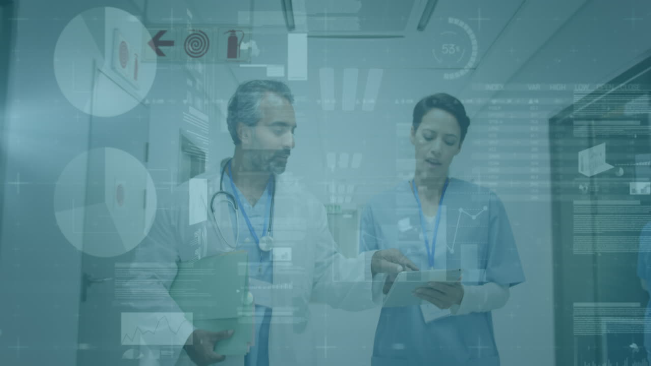 animación de gráficos y datos sobre diversas mujeres y hombres médicos caminando en el hospital