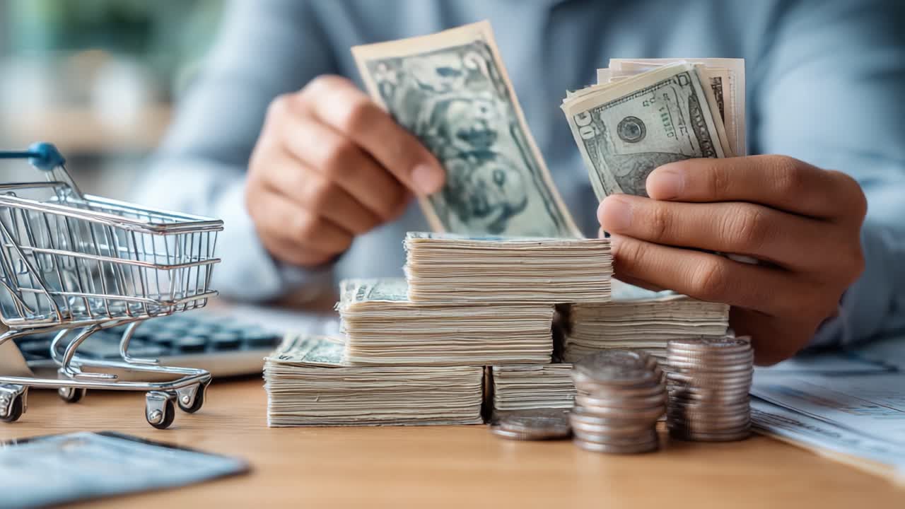 Un enfoque en la gestión financiera: Un individuo organizando billetes y monedas, representando la gestión de patrimonio y los esfuerzos de presupuestación en un entorno de espacio de trabajo tranquilo.