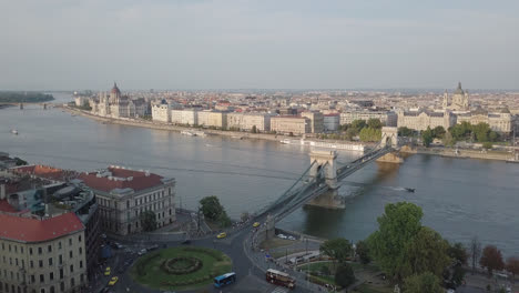 drone shot of mansion and river in budapest