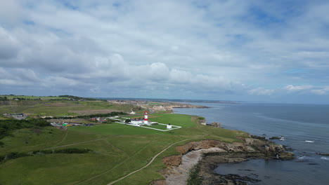 Aerial-drone-shot-of-Souter-Lighthouse-and-sea-coastline-Sunderland-North-East-England