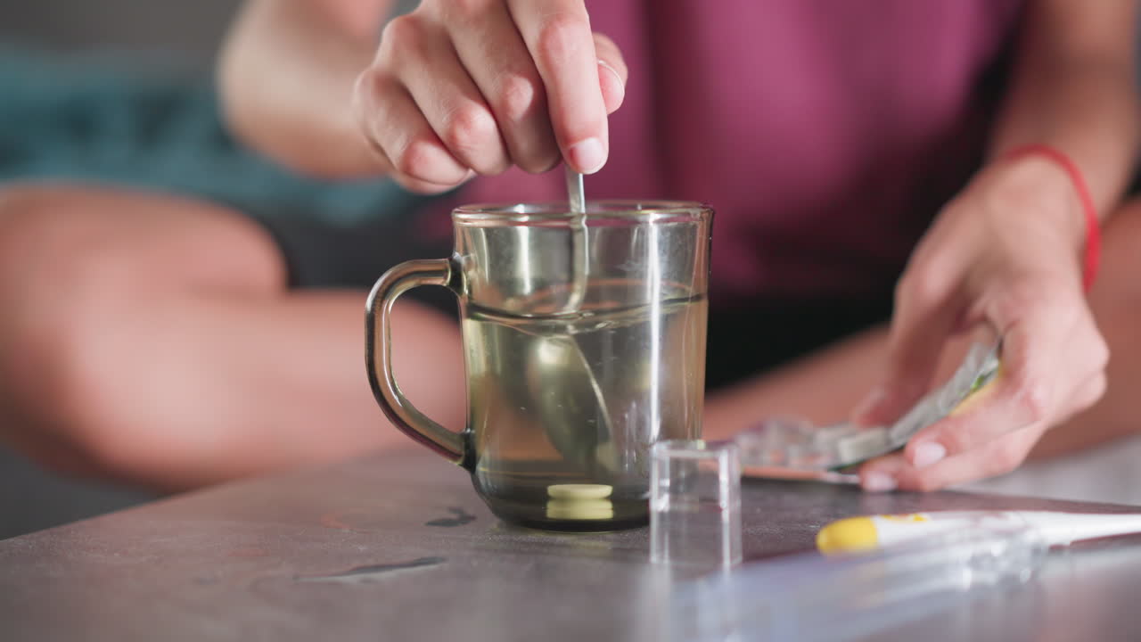 Close up of hand stirring drug in glass of warm water using metal spoon on table with medicine packs and thermometer nearby in calm indoor setting