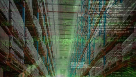 animation of financial data processing over empty warehouse