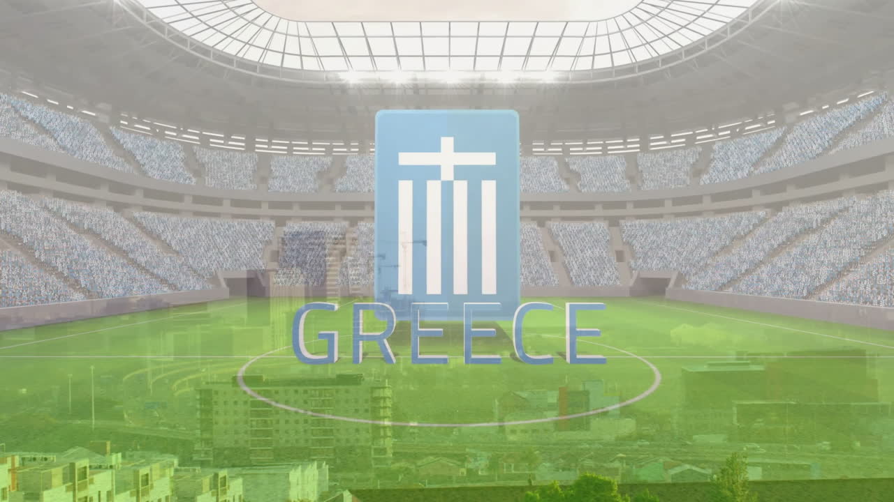 Greek flag icon and GREECE text floating over stadium deck, cityscape shining under floodlights