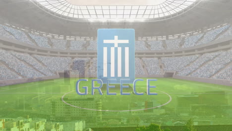 greek flag icon and greece text floating over stadium deck, cityscape shining under floodlights