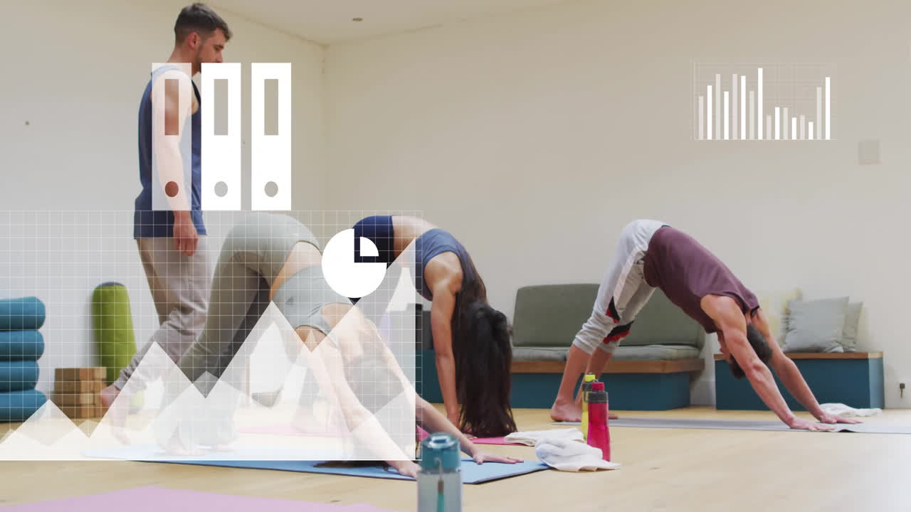 미디어 아이콘의 애니메이션과 다양한 남성 강사와 여성 요가 수업에 대한 데이터 처리