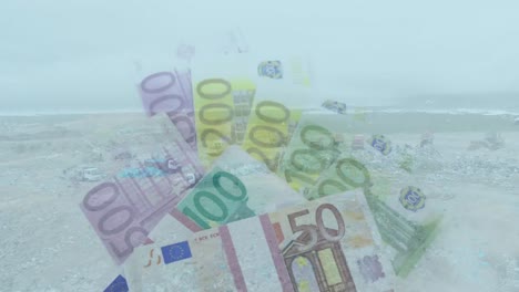 animation of multiple euro bills over a garbage dump