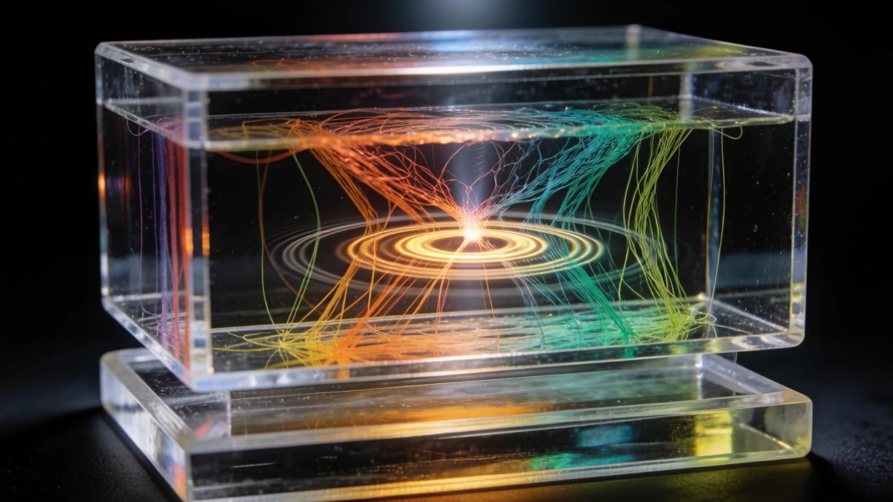 Powering LEDs energizing acrylic block emitting rings and strands on studio tabletop for display