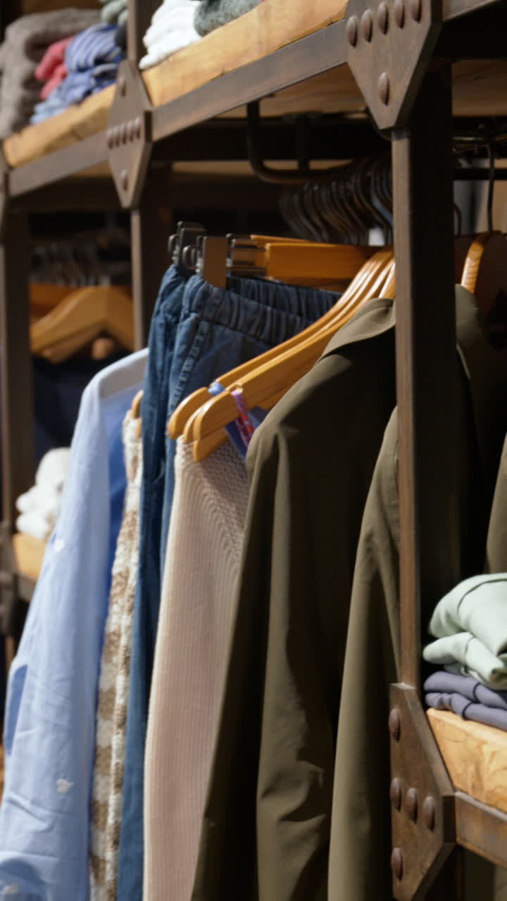 Close up of multiple clothes hanging on a rack in a store. Vertical