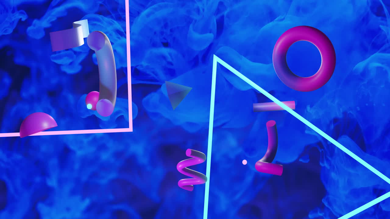 Abstract geometric shapes and lines animation over blue smoky background