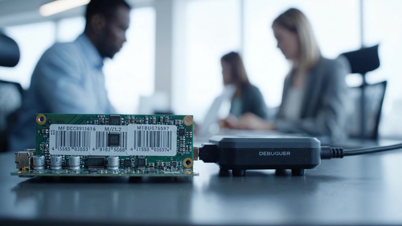A High-Tech Debugging Process Featuring Circuit Boards and Workstation Collaboration in a Modern Office Environment