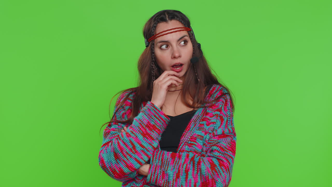 Woman wearing headset freelance worker call center support service operator helpline communication