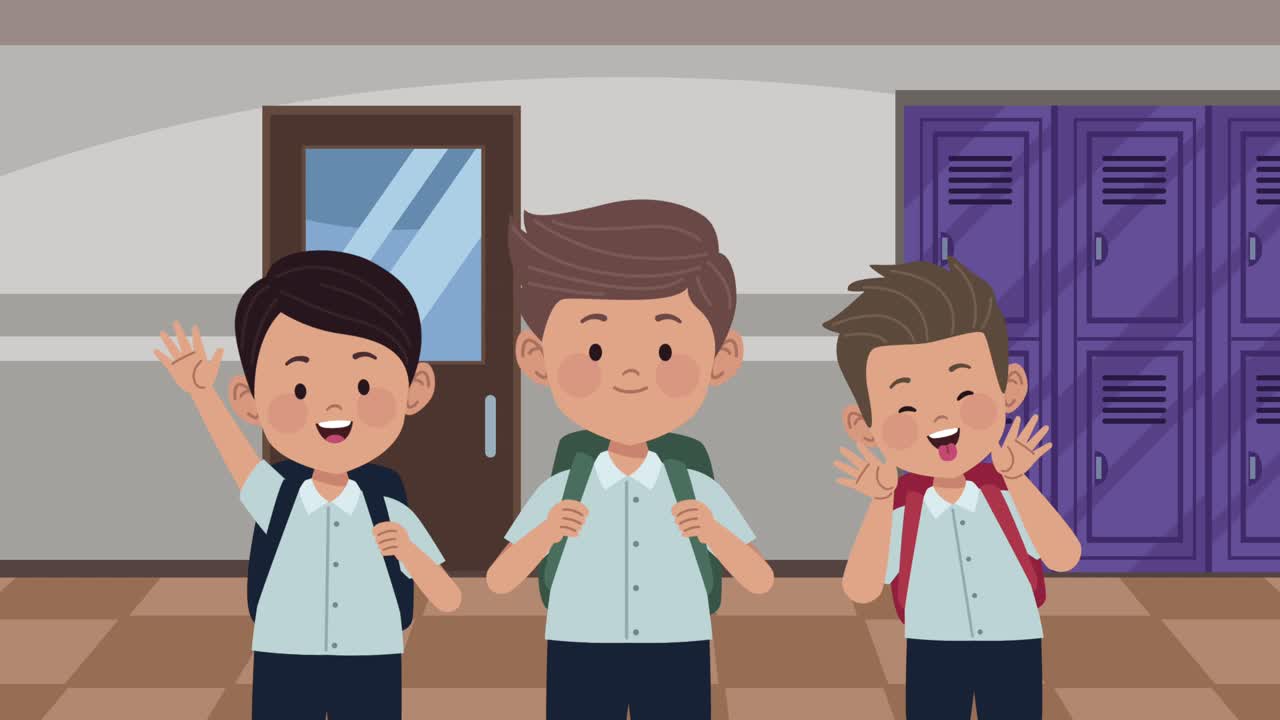 students boys in school corridor animation