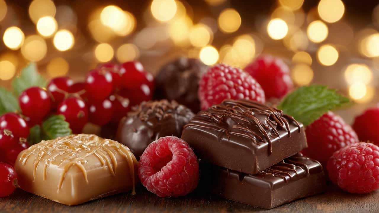 A Delightful Array of Decadent Chocolates and Fresh Raspberries Showcasing Nature's Sweetness Amidst a Glittering Background of Soft Lights