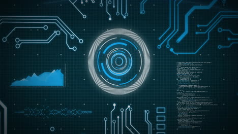 animation of scope and data processing over circuit board on screen