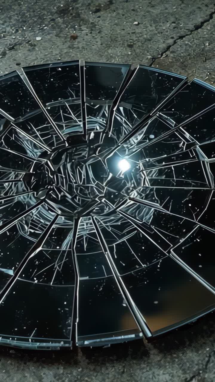 Vertical video: Sudden impact striking shiny disk shattering on asphalt, scattering shards outward