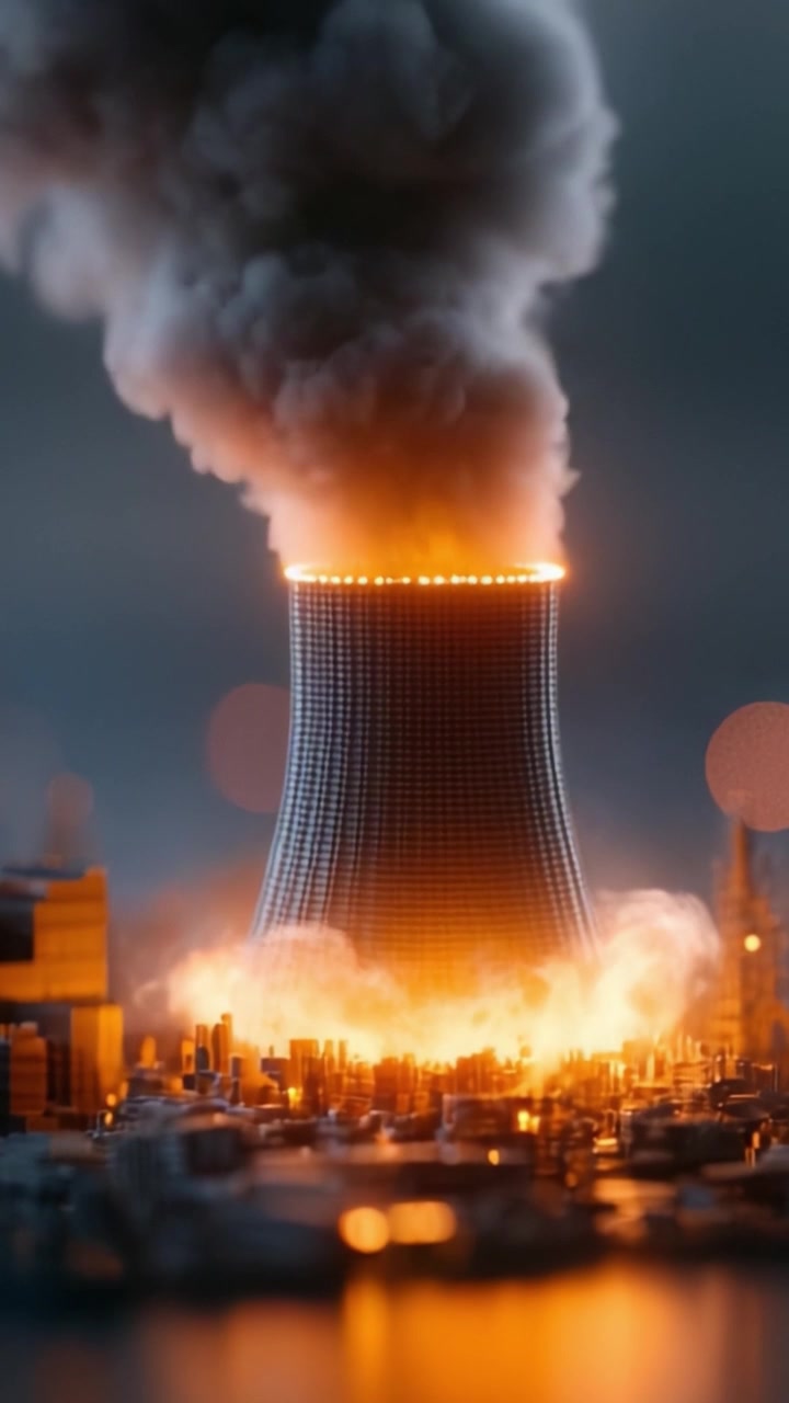 A breathtaking view of a nuclear cooling tower engulfed in flames and smoke, showcasing an intense moment of disaster amidst a miniature cityscape.