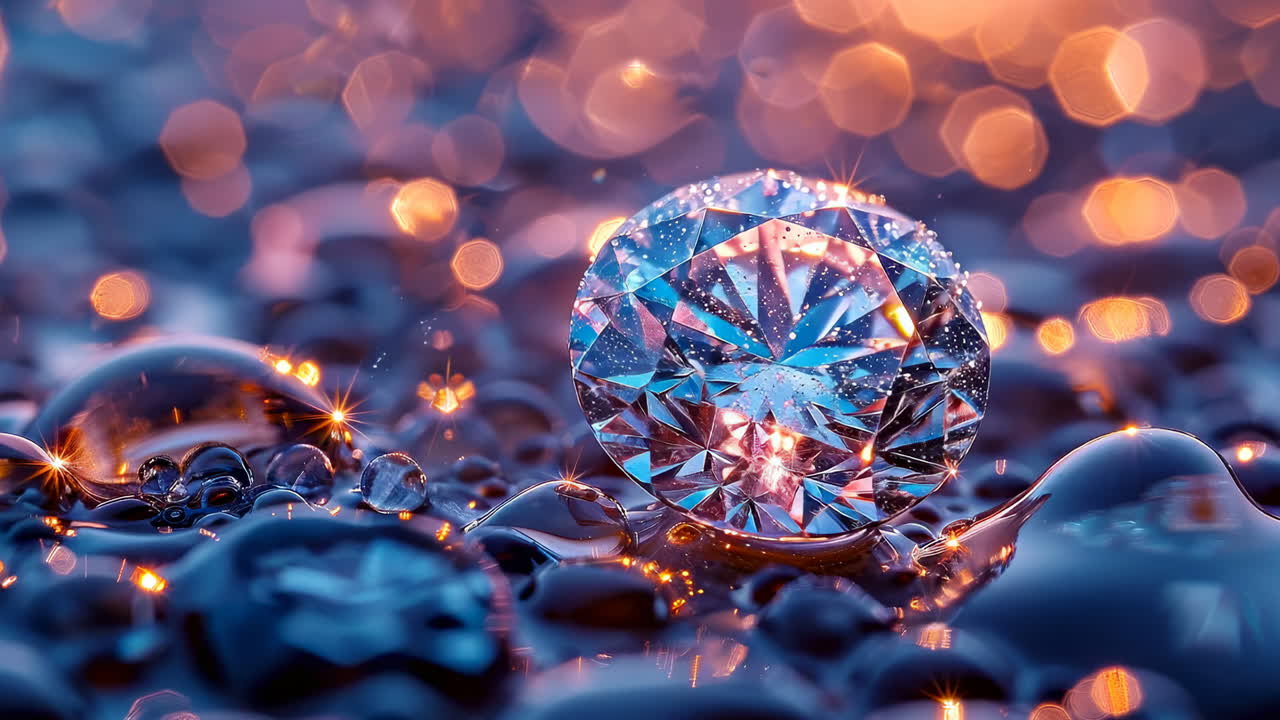 Diamond gleaming on water. A brilliant diamond sits on a wet surface, reflecting colorful light at dusk amidst shimmering droplets