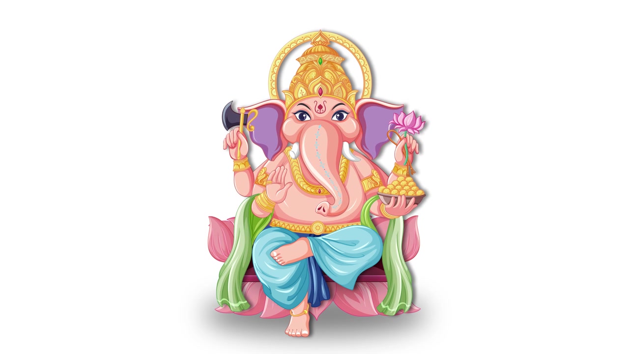 Uma divindade elefante animada e colorida aparece em um fundo branco com sutis efeitos de movimento flutuante.