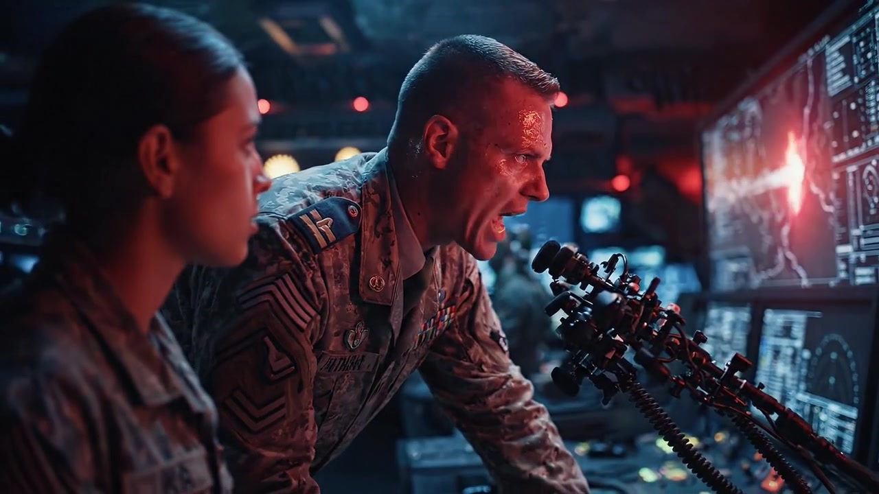 Personale militare che opera in un centro di comando avanzato, analizzando dati e monitorando situazioni in un ambiente di monitoraggio ad alta tecnologia, con un focus sulla gestione strategica.