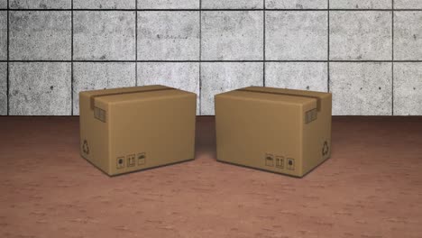 Animation-of-two-cardboard-boxes-falling-on-brown-floor-with-grey-tiles-in-background