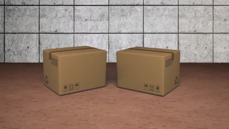 animación de dos cajas de cartón que caen en el suelo marrón con azulejos grises en el fondo