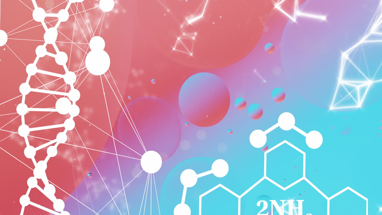 化学式とdnaのアニメーションはカラフルな背景の泡の上に描かれています