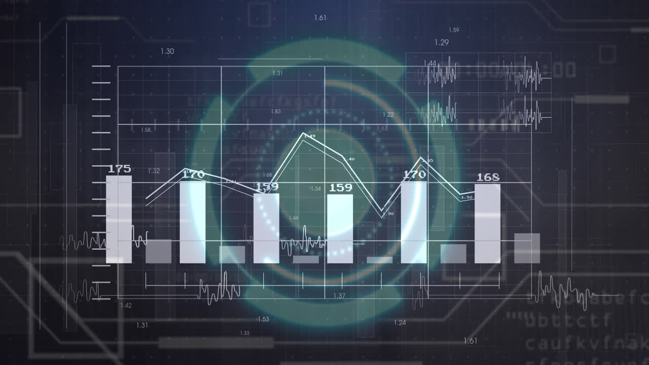 Animation of financial data processing and statistics over dark background