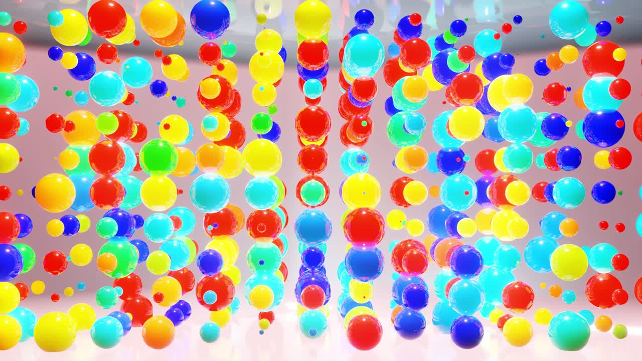 무작위로 빛나고 서로 반사되는 공중의 다채로운 공의 추상적인 구성, 공중의 여러 가지 색의 구, 단순한 기하학적 빛의 배경으로 빛의 효과와 함께 빛의 방.