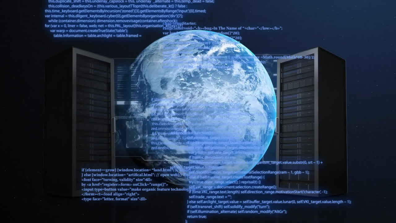 Animation of data processing over globe and servers on black background