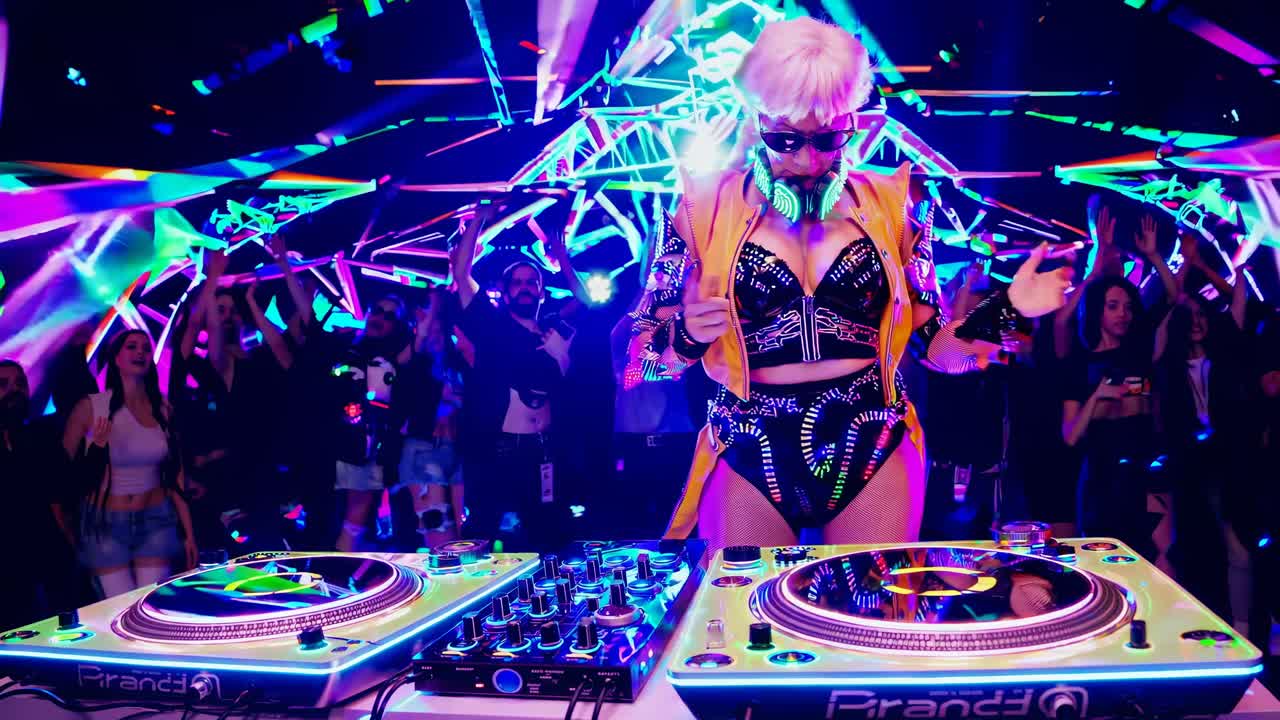 Foto em ângulo alto de um DJ com roupas neon vibrantes, tocando músicas em uma boate animada