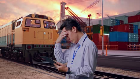 side view of an asian male professional worker standing with his tablet with freight cargo train at port, checking with dissapionted and nodding his head