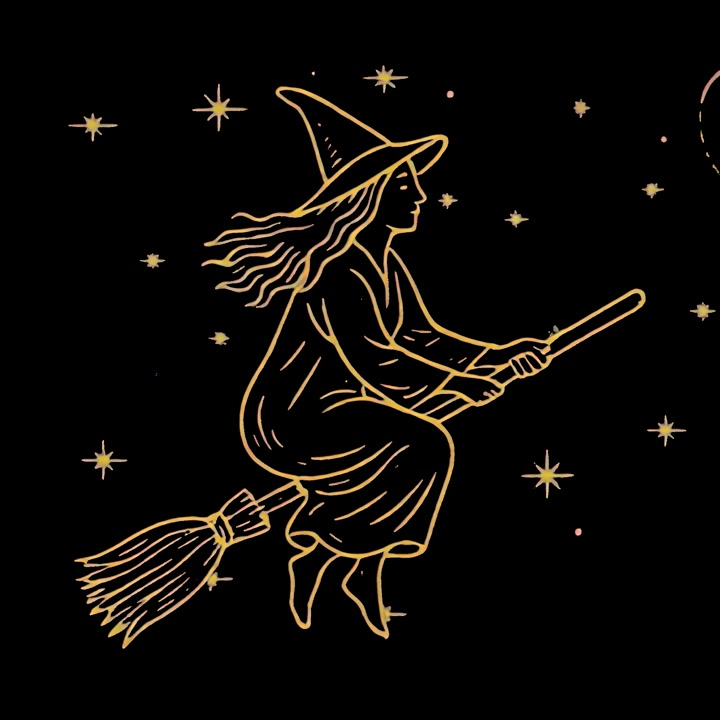 Animated Golden Witch Flying on a Broomstick Against a Starry Night Sky