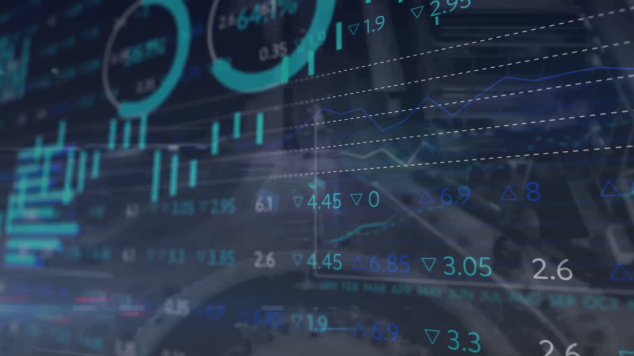 Animation of financial data processing over cityscape
