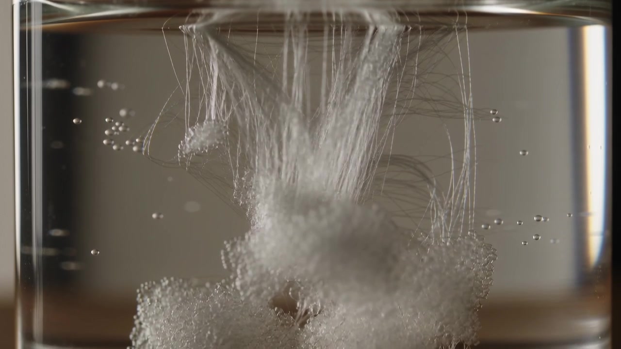 Ago che lascia cadere una compressa effervescente in un bicchiere, la compressa si dissolve e rilascia bollicine.