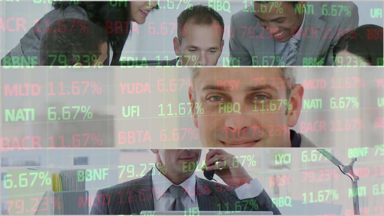 Animation of statistics and data processing over business people