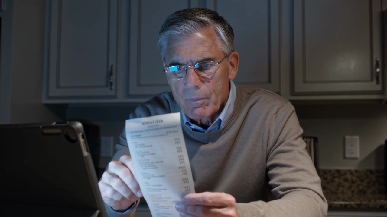 Anziano con maglione marrone che legge una bolletta, controlla il tablet sul bancone della cucina, pagando le bollette.