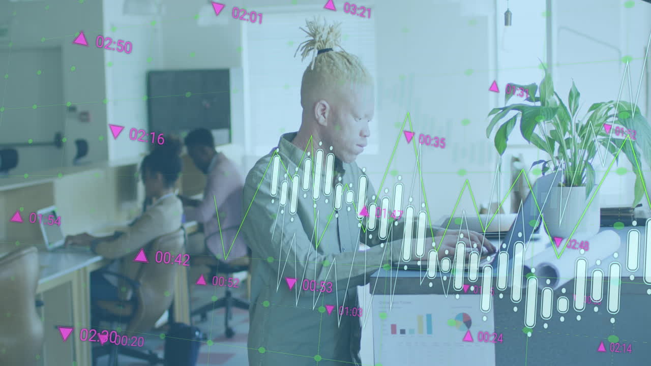 Animasjon av statistisk databehandling over en albinomann som bruker en bærbar datamaskin på kontoret.