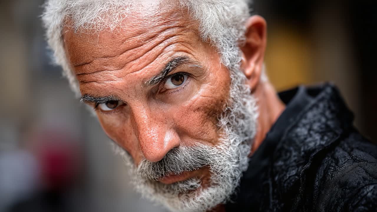 Un ritratto accattivante di un signore anziano con distintivi capelli e barba argentati, che cattura un'espressione intensa che rivela una ricchezza di esperienza e carattere.