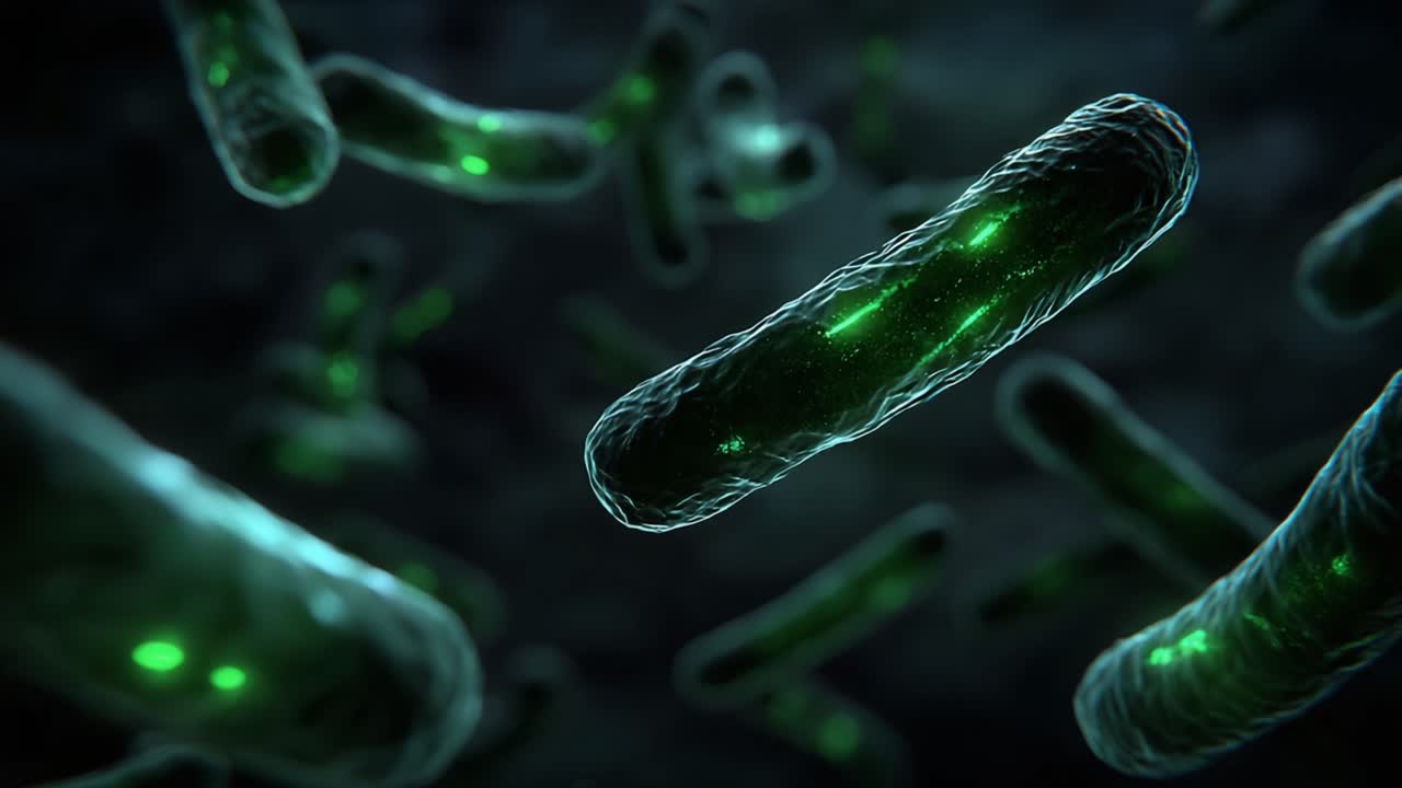 Visualizzazione Intricata di Strutture Batteriche in Movimento: Esplorando il Mondo Dinamico dei Microrganismi con Fluorescenza Verde Che Evidenzia i Dettagli Cellulari