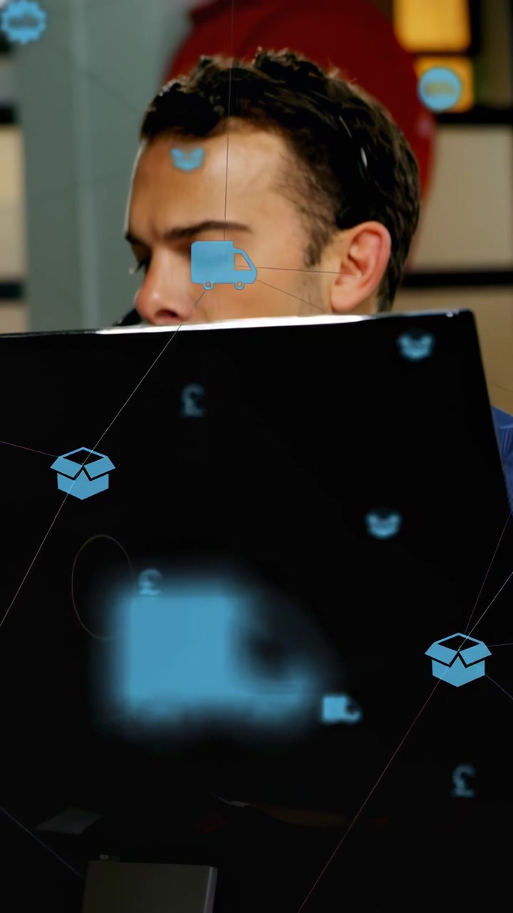 Vertical video: Woman typing and male leaning, causing floating retail icons showing sale