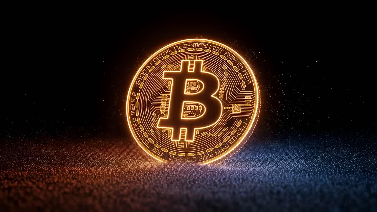 Exploration of cryptocurrency with glowing Bitcoin symbol in a digital landscape at night highlighting modern finance trends