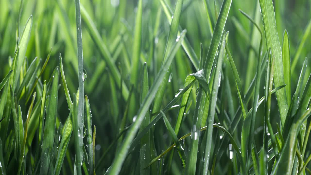 초록색 잔디가 잔디 위에 천천히 떨어지는 방울의 클로즈업입니다. 슈퍼 슬로 모션 카메라로 촬영되었습니다.