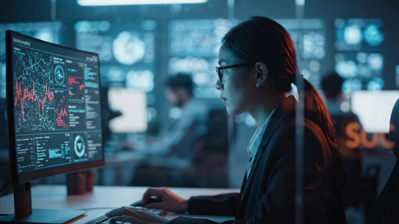 Focused Analyst Analyzing Data in a Cybersecurity Operations Center with Multiple Monitors Displaying Complex Graphs and Data Visualizations