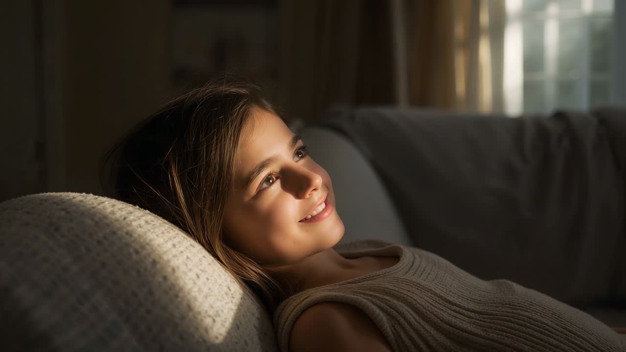 Criança de blusa bege reagindo à luz da janela, levantando a cabeça na almofada do sofá e sorrindo levemente.