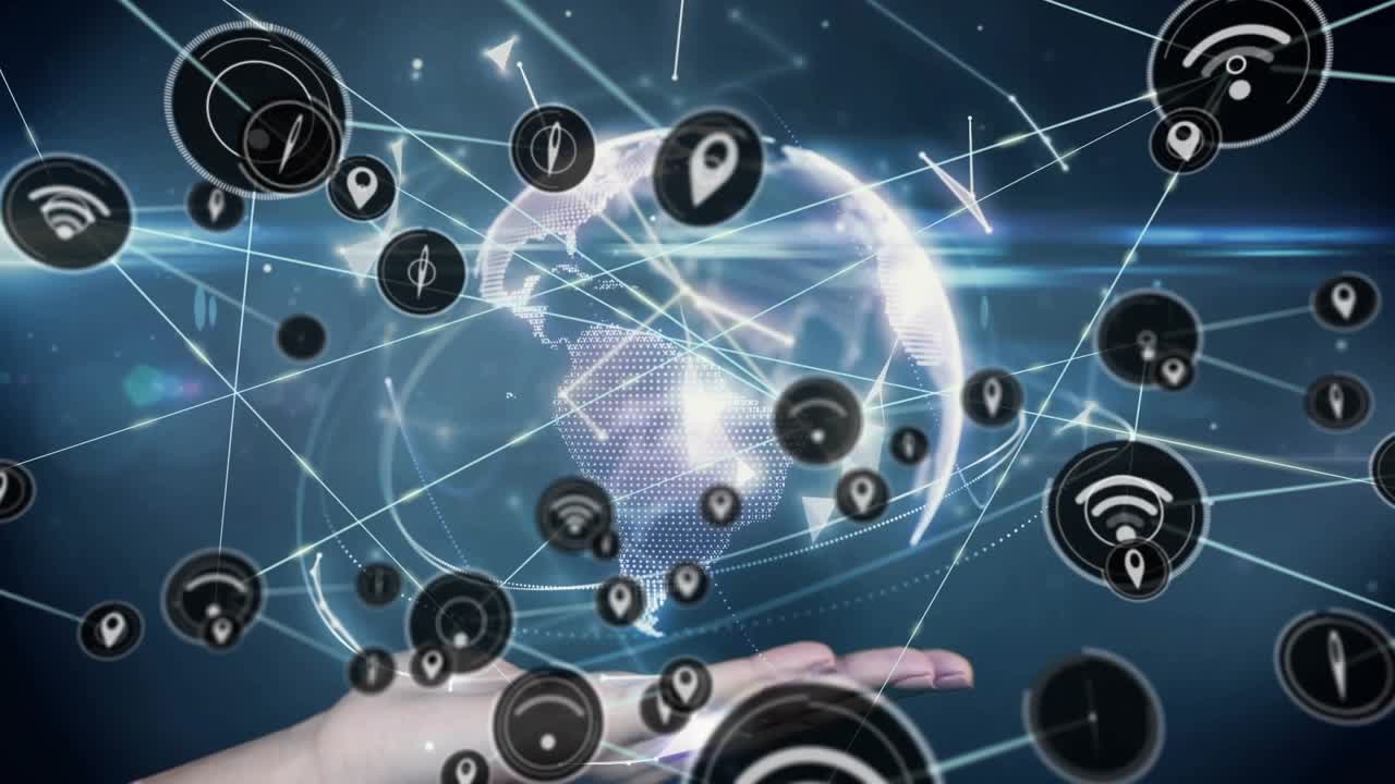 Central target pulsing sparking nodes appearing dotted globe forming, hand showing global network