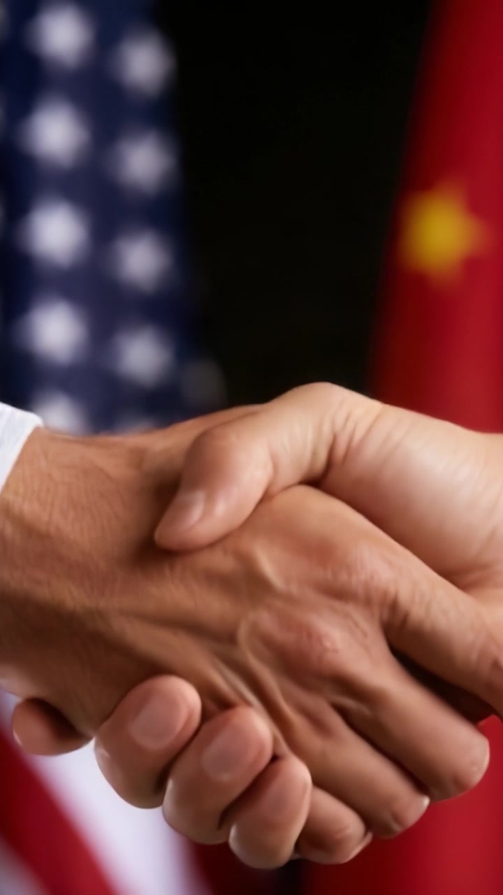 Symbolic Gesture of Cooperation: A Close-Up of Two Hands Shaking, Representing United Efforts and Diplomatic Relations Amidst American and Chinese Flags