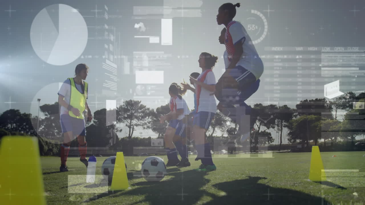 Young soccer players practicing on field with data processing animation overlay