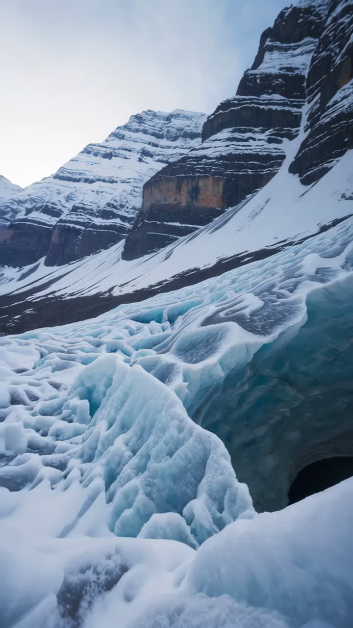 Abstract Blue Ice Formations and Ice Caves in a Winter Mountain Landscape