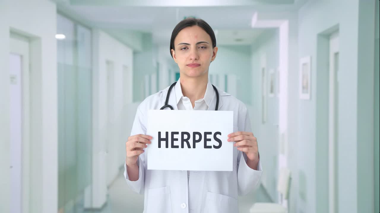 una triste doctora india con un estandarte de herpes